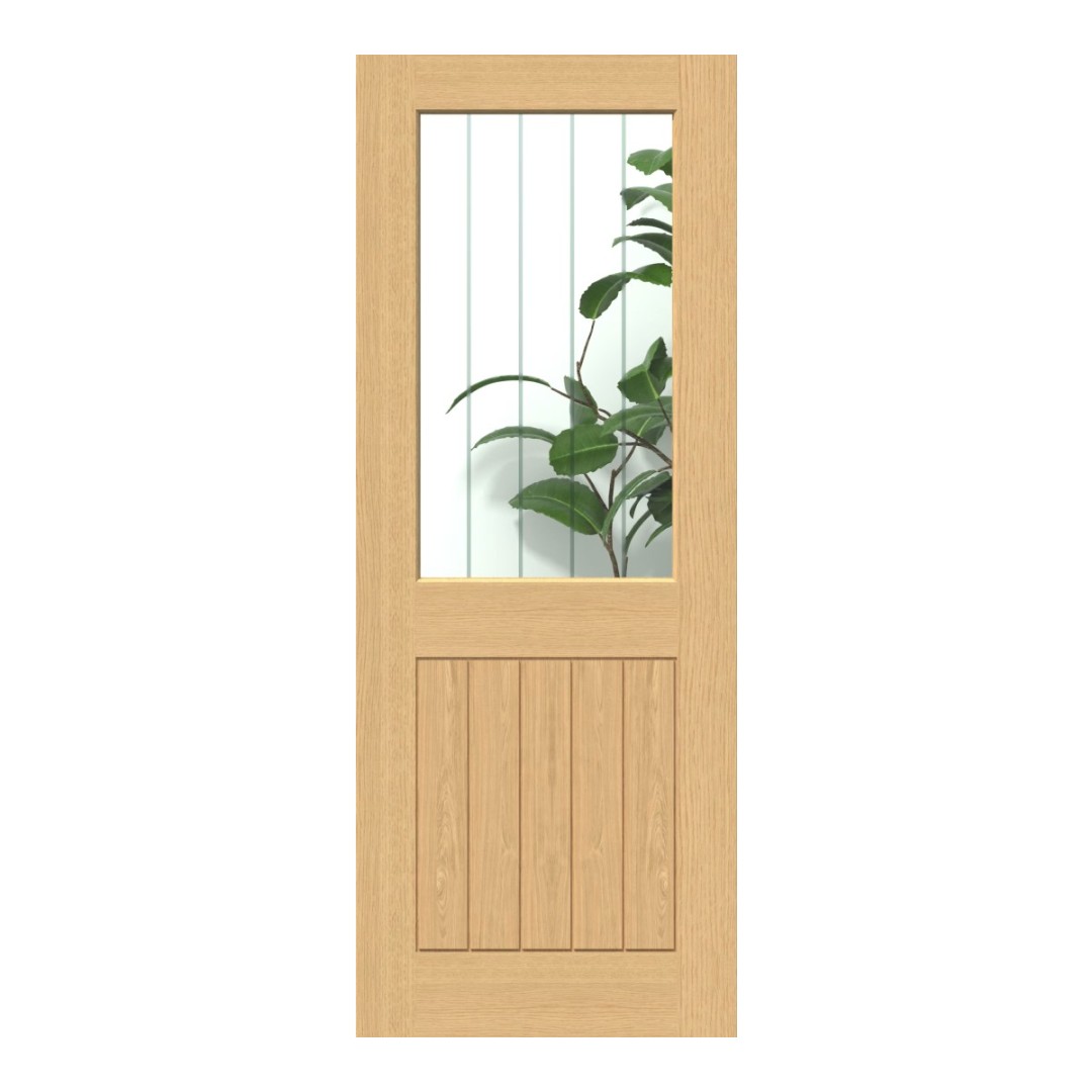 Cottage Oak Clear Glass with Frosted Lines Pre-finished Doors